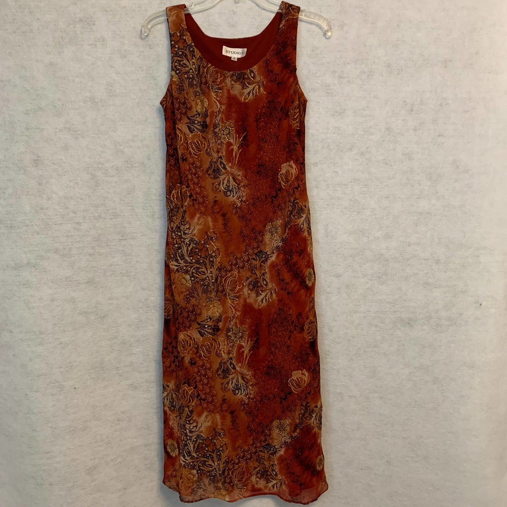 Studio 1 Sleeveless Floral Paisley/Gold Metallic Thread Dress Women's Size 10‎